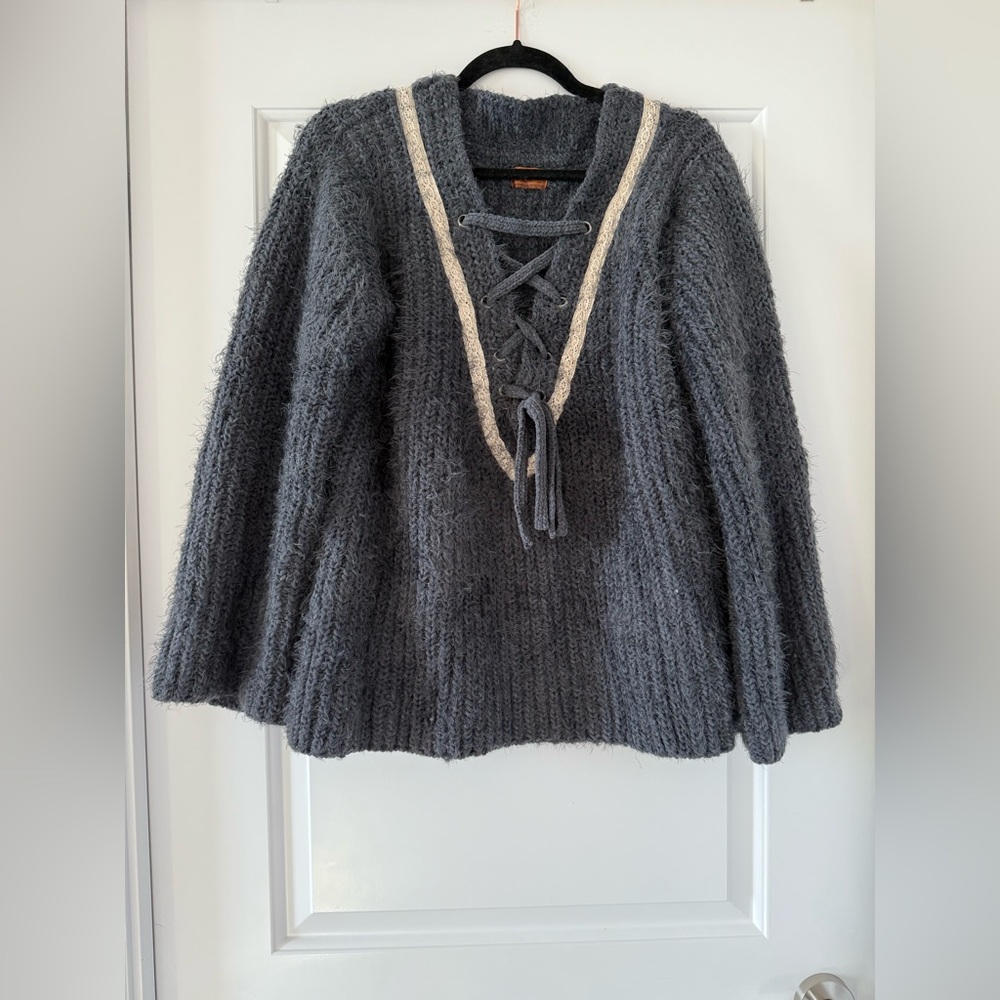 POL Navy Lace-Up V-Neck Sweater